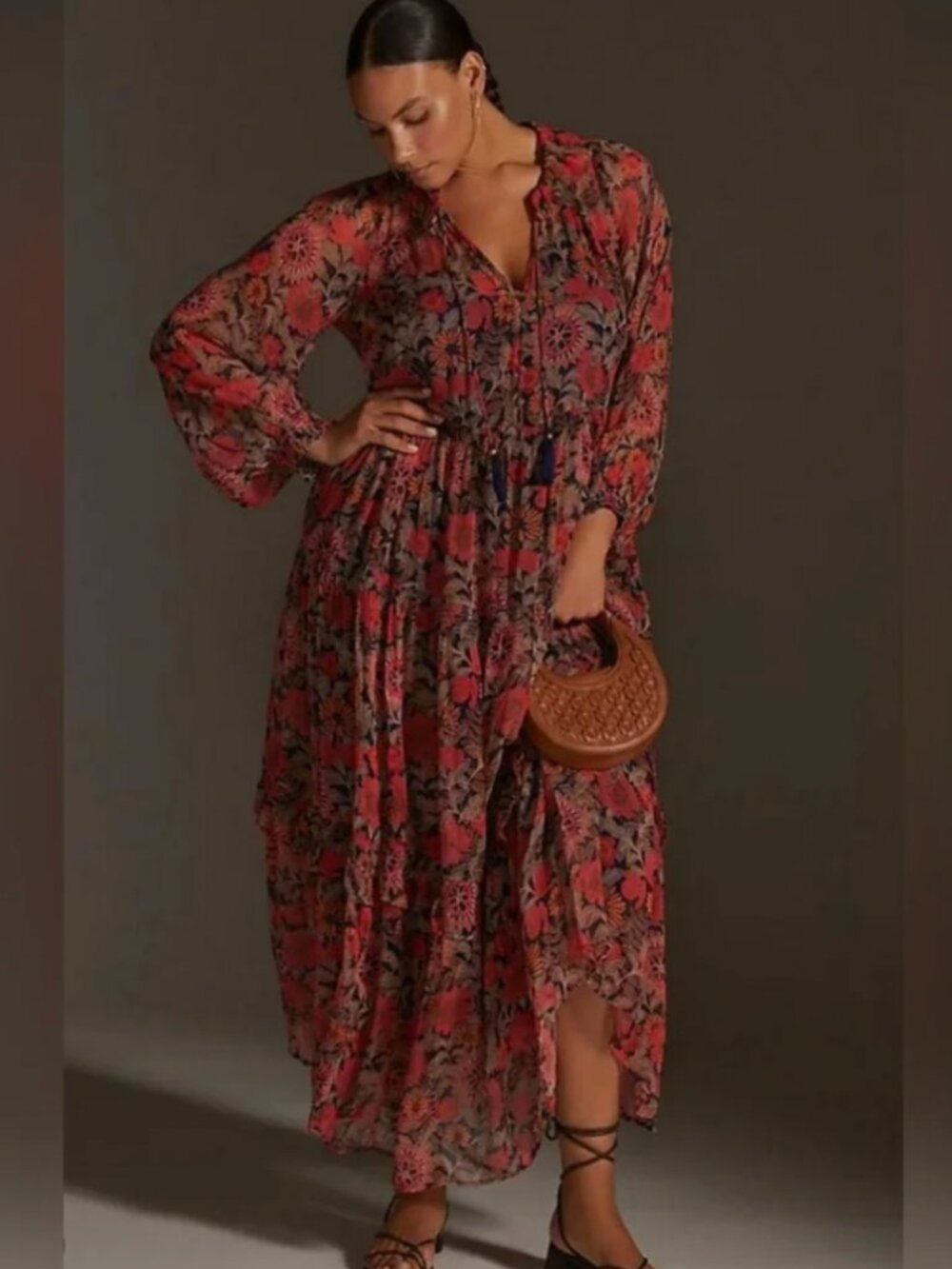 Anthropologie Marais Chiffon Maxi Dress Red Navy Floral XLarge Petite